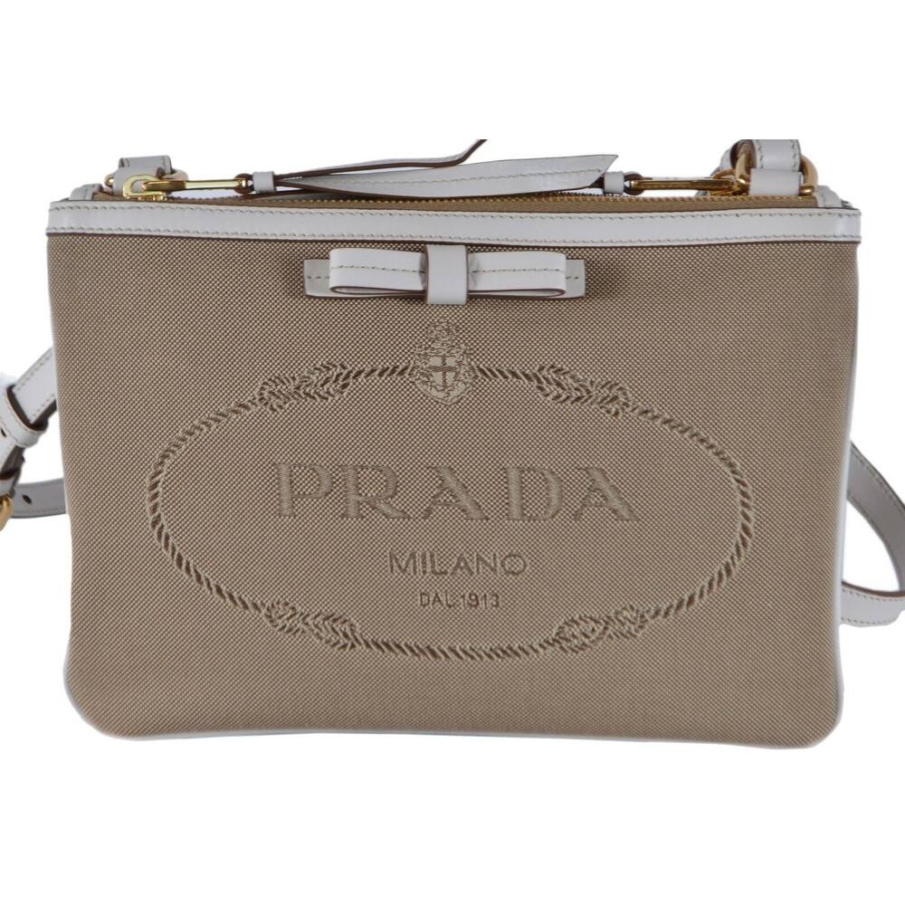 Prada Jacquard Canvas Brown Crossbody White Leather Trim Prada Logo 1BH150