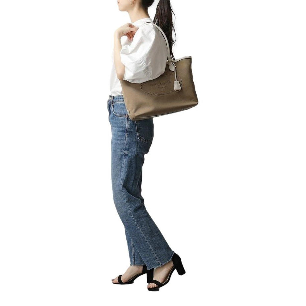 Prada Jacquard Logo White Calf Leather Trim Shoulder Tote Bag 1BG158 at_Queen_Bee_of_Beverly_Hills