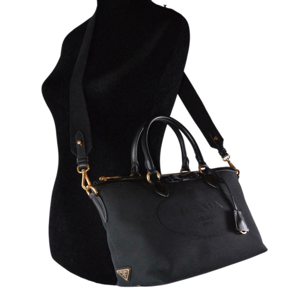 Prada Logo Jacquard Black Canvas Satchel Crossbody available at Queen Bee of Beverly Hills