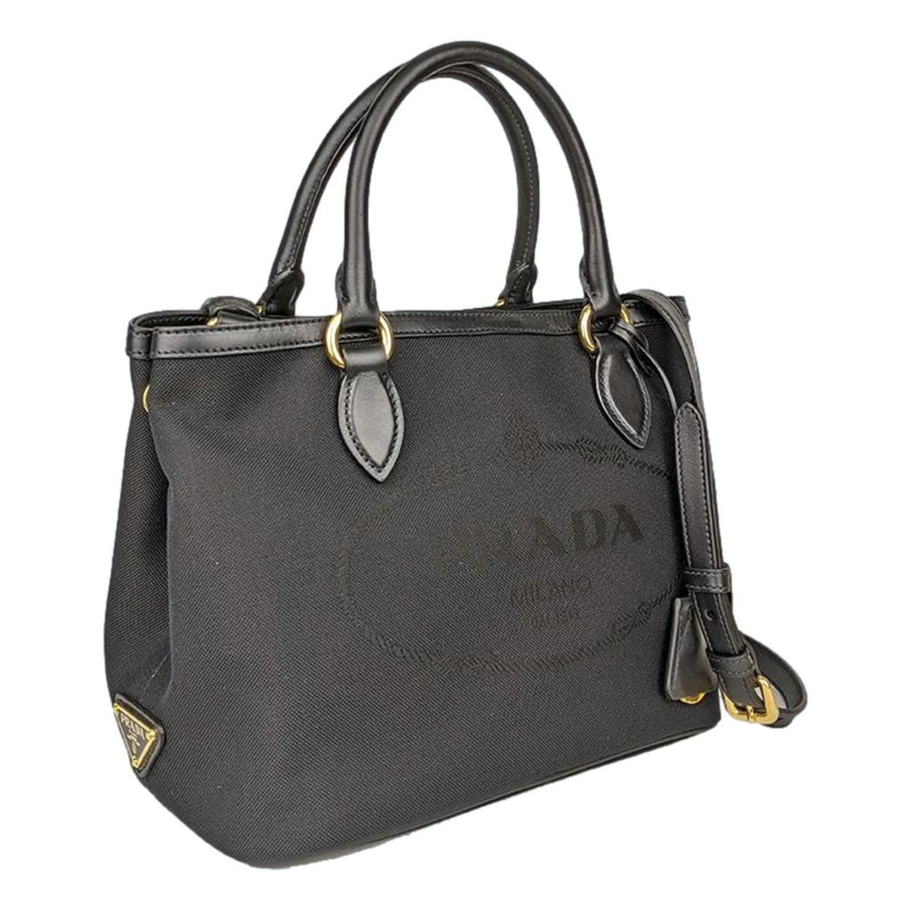 Prada Black Canvas Jacquard Logo Convertible Small Bucket Bag 1BH038 –  Queen Bee of Beverly Hills