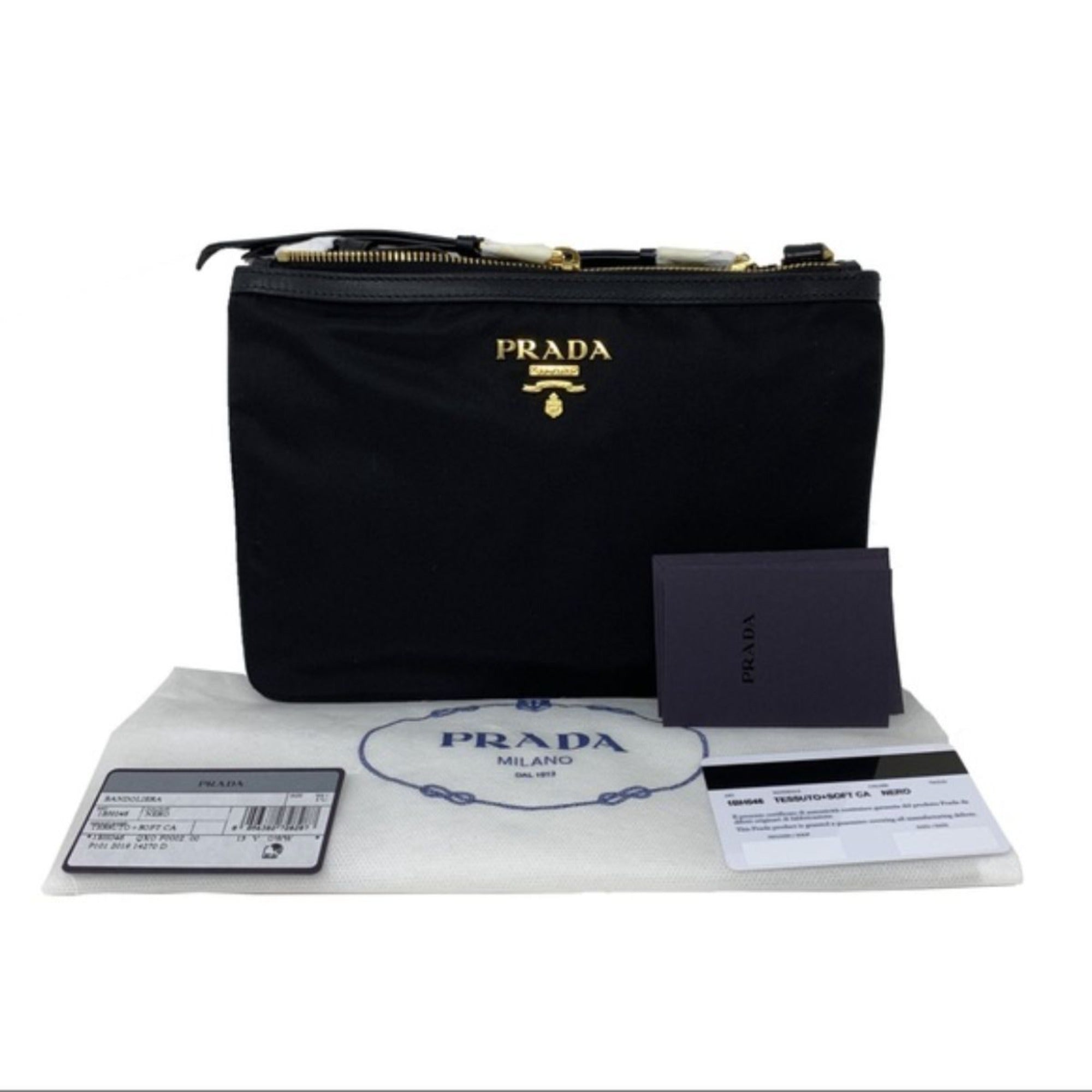 Prada Logo Tessuto Nylon Soft Calf Trim Black Cross Body Bag available at Queen Bee of Beverly Hills