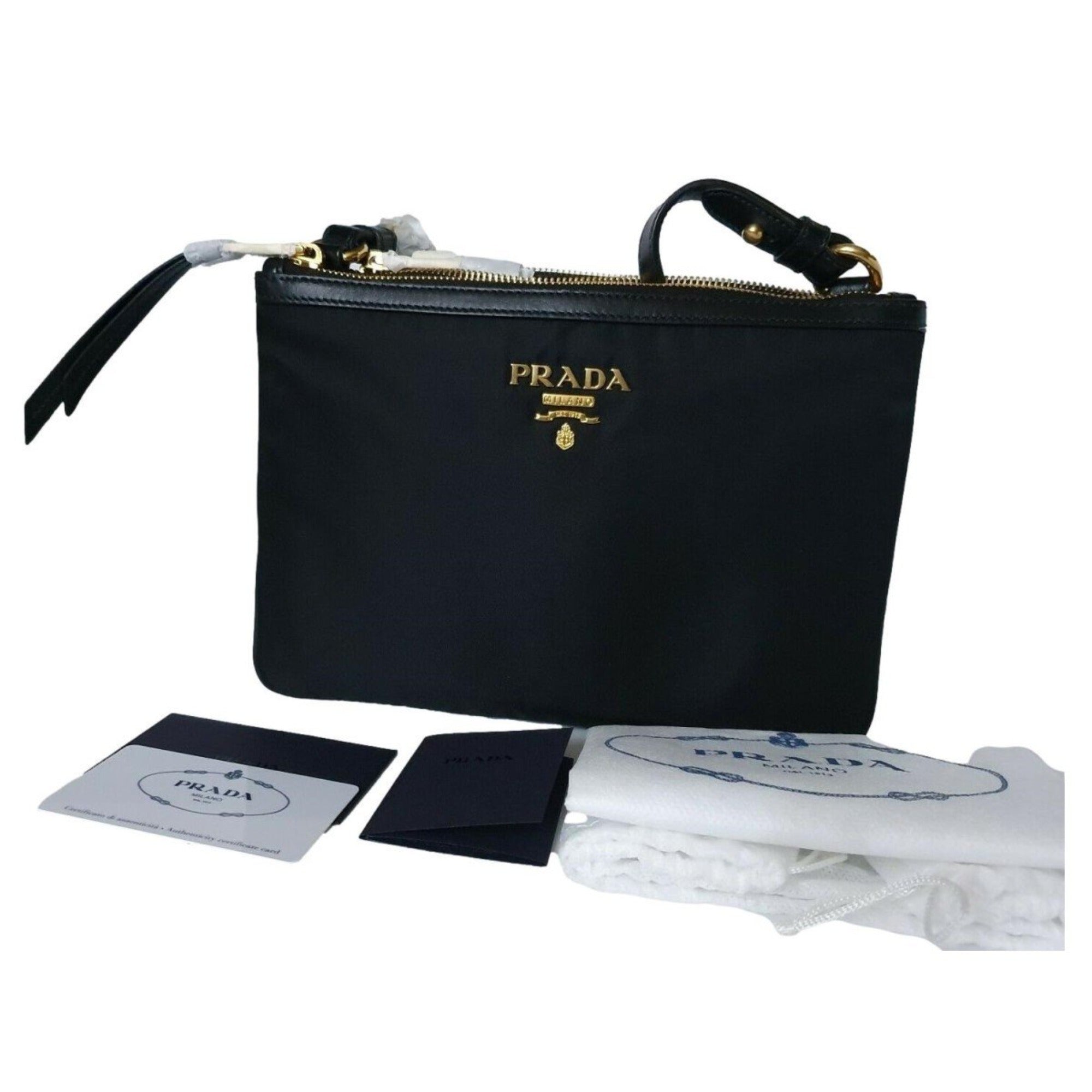 Prada Logo Tessuto Nylon Soft Calf Trim Black Cross Body Bag available at Queen Bee of Beverly Hills