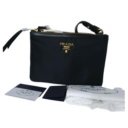 Prada Logo Tessuto Nylon Soft Calf Trim Black Cross Body Bag available at Queen Bee of Beverly Hills