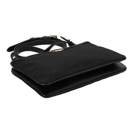 Prada Logo Tessuto Nylon Soft Calf Trim Black Cross Body Bag available at Queen Bee of Beverly Hills