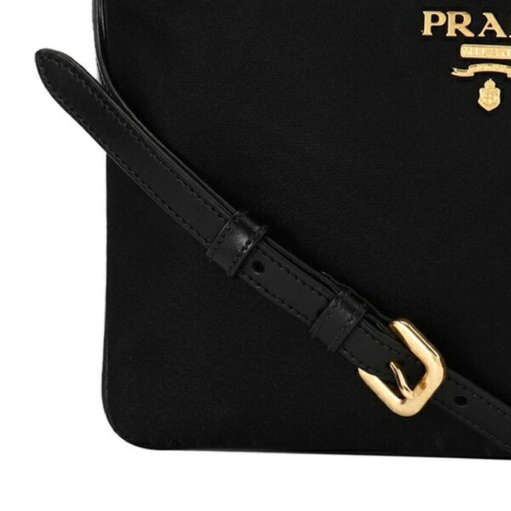 Prada Logo Tessuto Nylon Soft Calf Trim Black Cross Body Bag available at Queen Bee of Beverly Hills