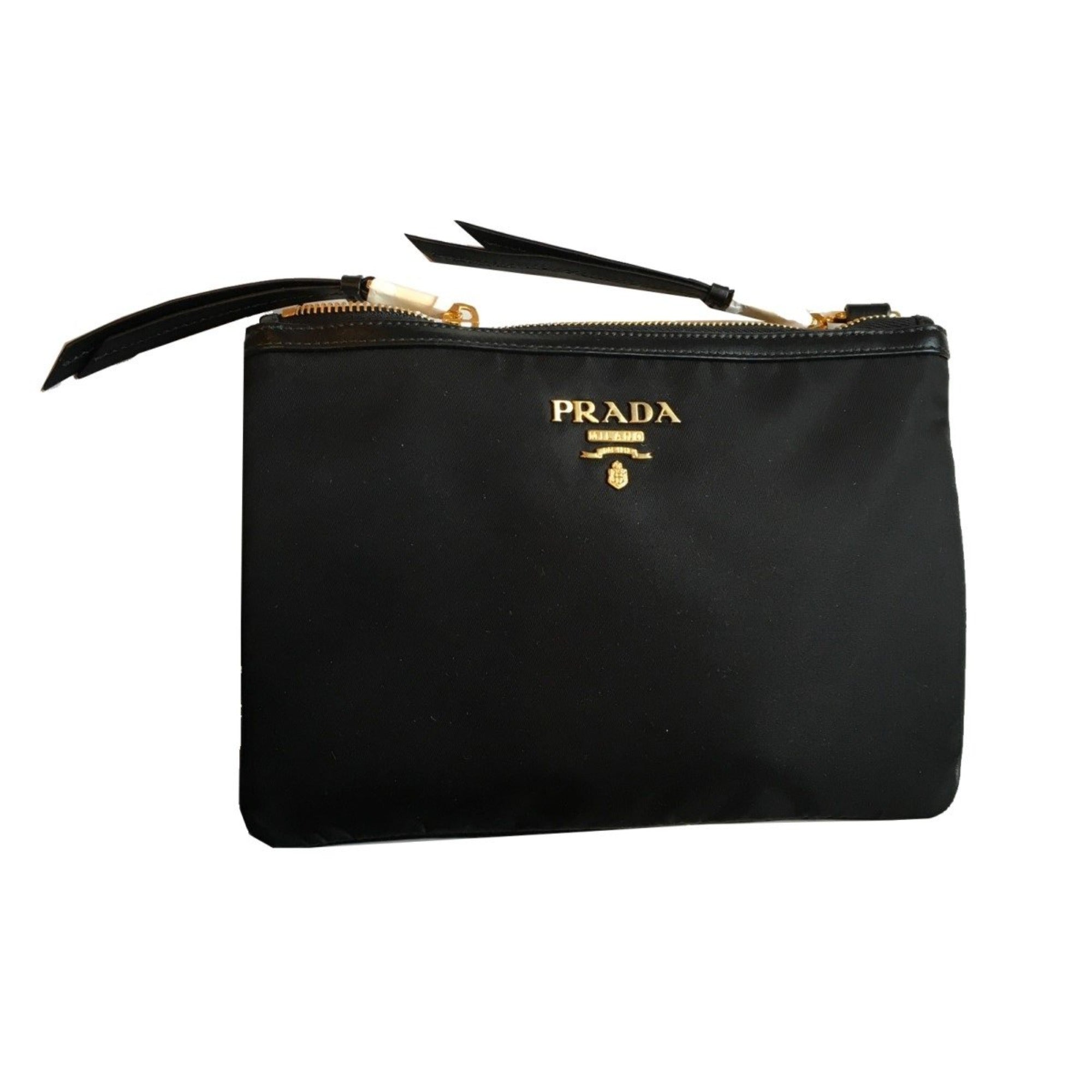 Prada Logo Tessuto Nylon Soft Calf Trim Black Cross Body Bag available at Queen Bee of Beverly Hills