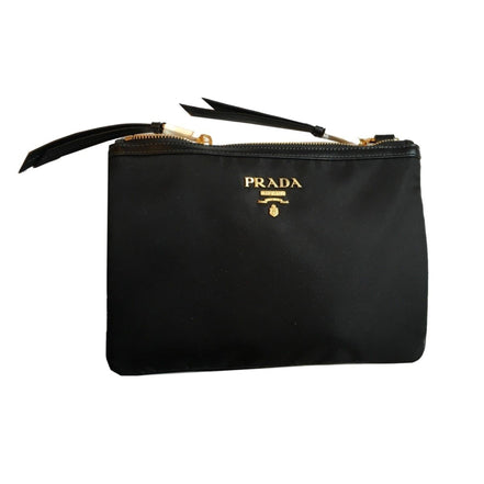 Prada Logo Tessuto Nylon Soft Calf Trim Black Cross Body Bag available at Queen Bee of Beverly Hills