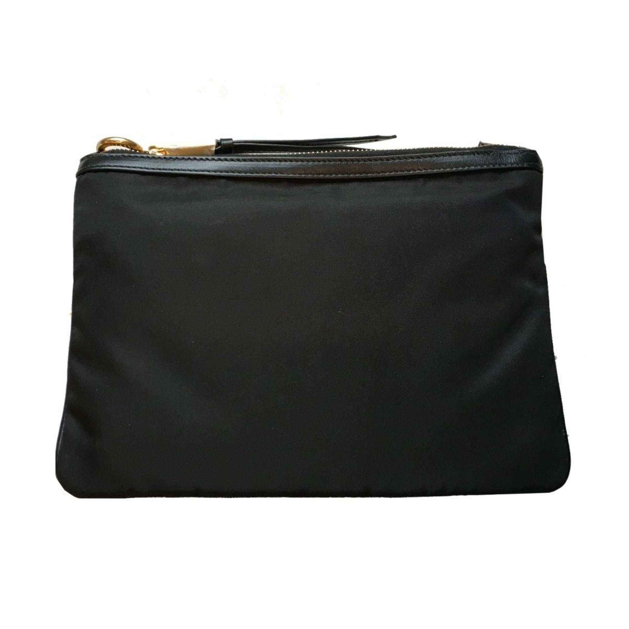 Prada Logo Tessuto Nylon Soft Calf Trim Black Cross Body Bag available at Queen Bee of Beverly Hills