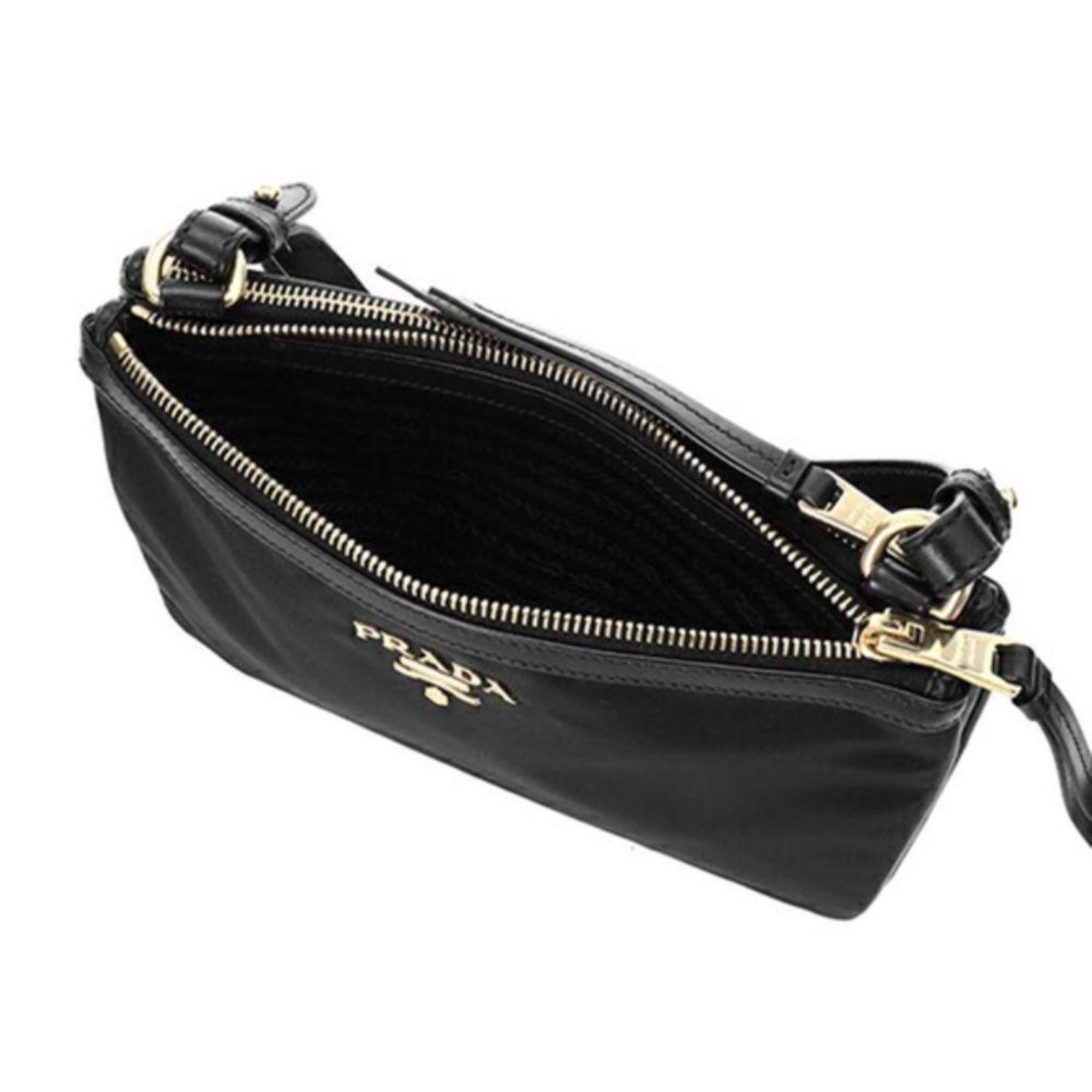 Prada Logo Tessuto Nylon Soft Calf Trim Black Cross Body Bag available at Queen Bee of Beverly Hills