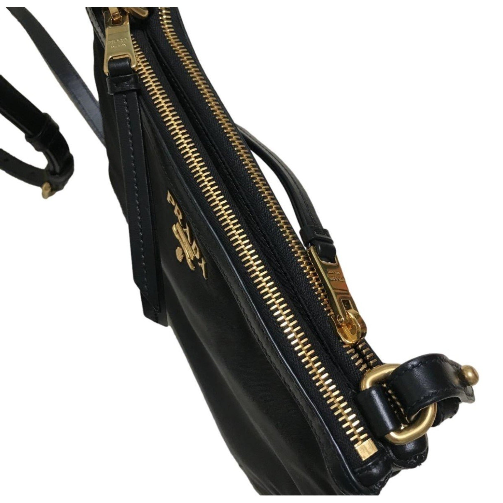 Prada Logo Tessuto Nylon Soft Calf Trim Black Cross Body Bag available at Queen Bee of Beverly Hills