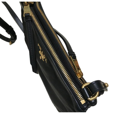 Prada Logo Tessuto Nylon Soft Calf Trim Black Cross Body Bag available at Queen Bee of Beverly Hills