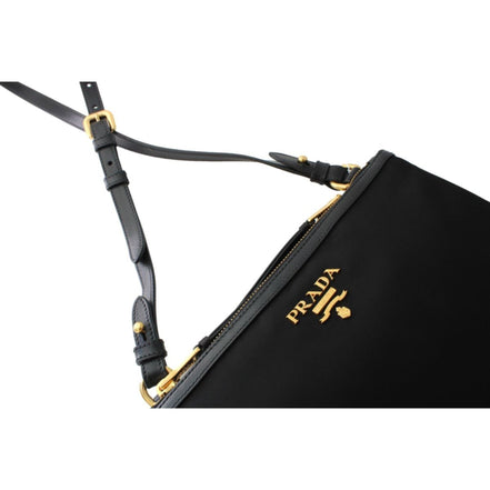 Prada Logo Tessuto Nylon Soft Calf Trim Black Cross Body Bag available at Queen Bee of Beverly Hills