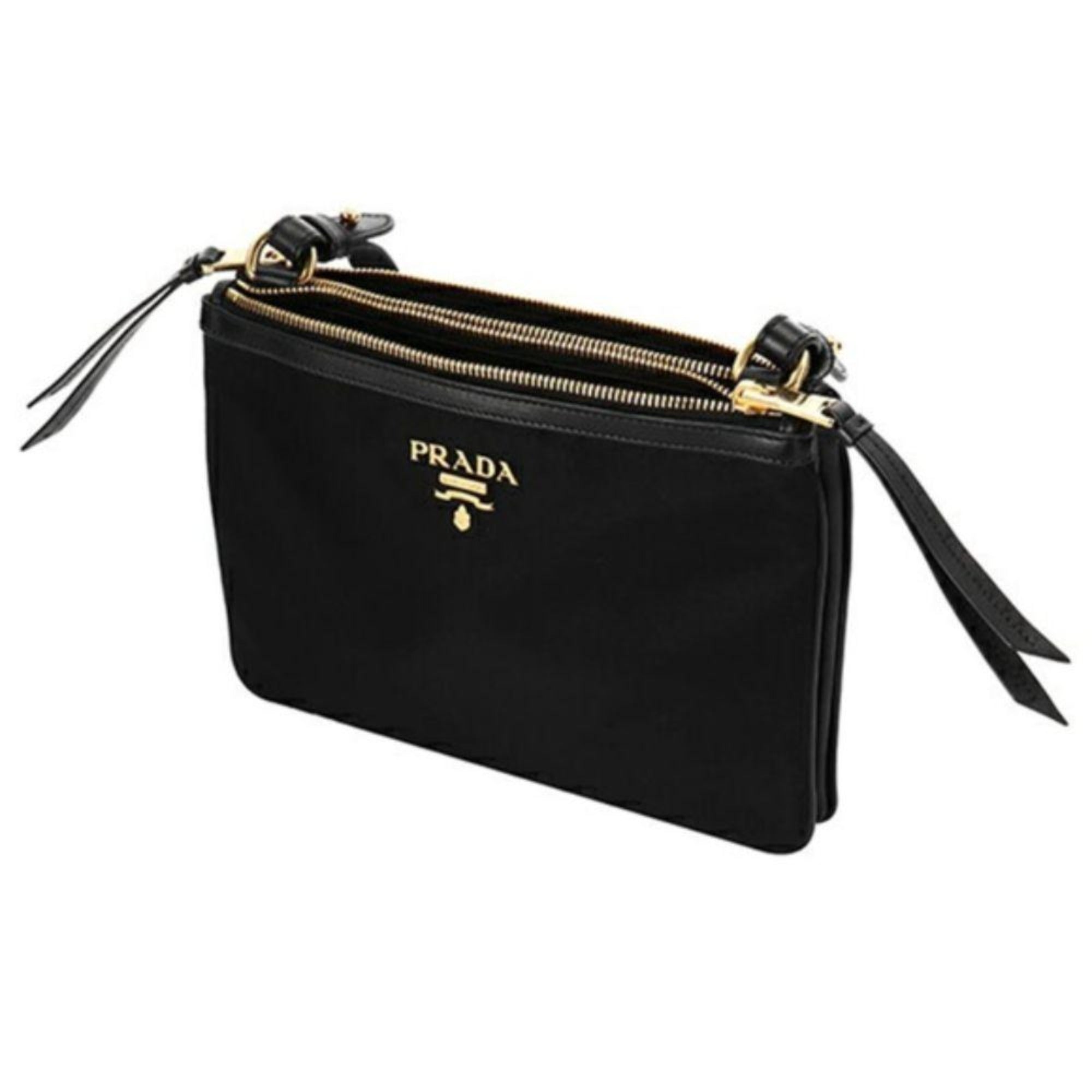 Prada Logo Tessuto Nylon Soft Calf Trim Black Cross Body Bag available at Queen Bee of Beverly Hills