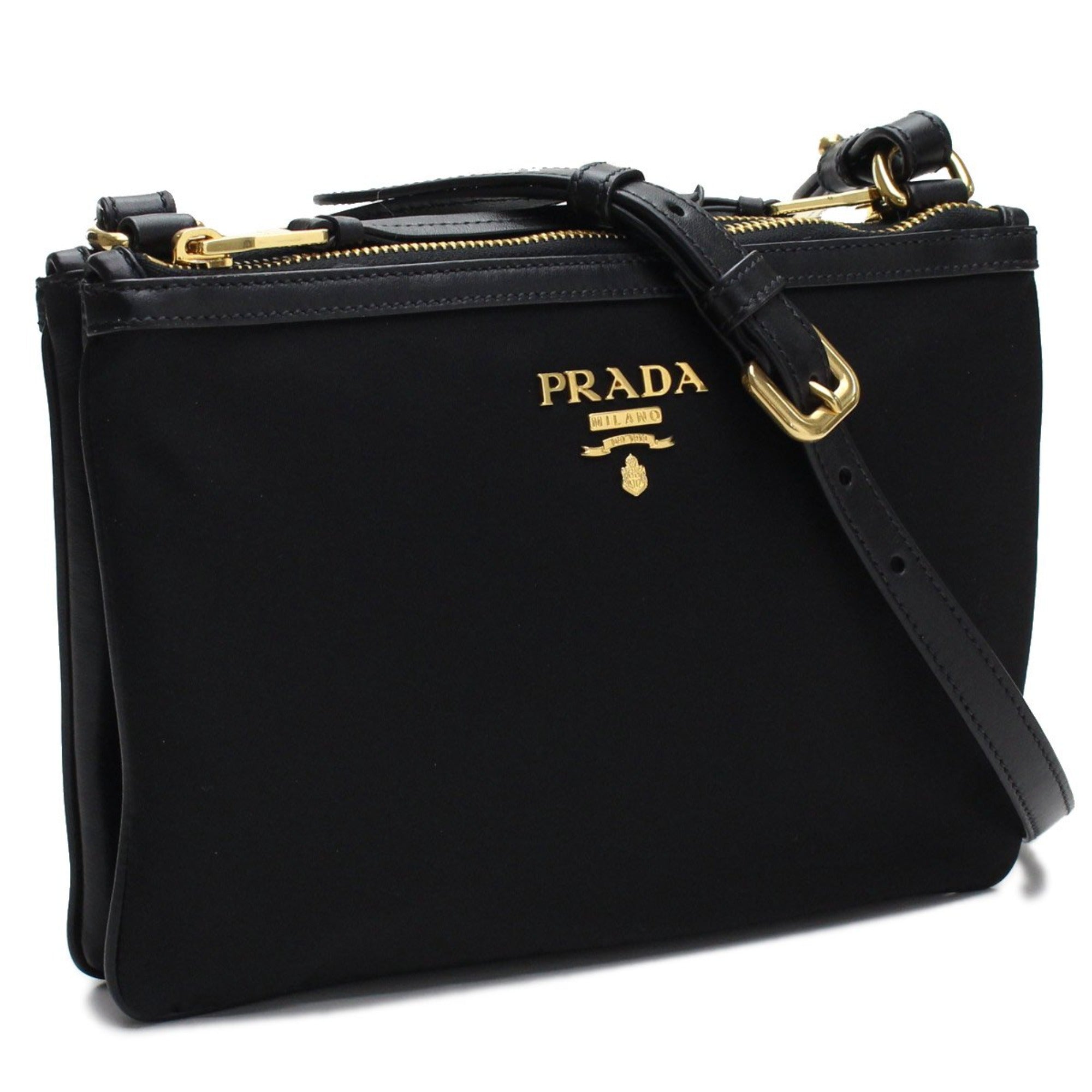 Prada Logo Tessuto Nylon Soft Calf Trim Black Cross Body Bag available at Queen Bee of Beverly Hills
