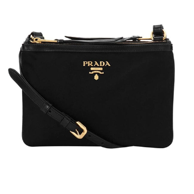 Prada Logo Tessuto Nylon Soft Calf Trim Black Cross Body Bag available at Queen Bee of Beverly Hills