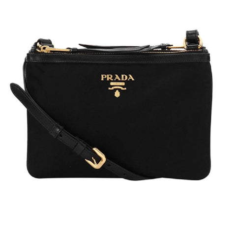 Prada Logo Tessuto Nylon Soft Calf Trim Black Cross Body Bag available at Queen Bee of Beverly Hills