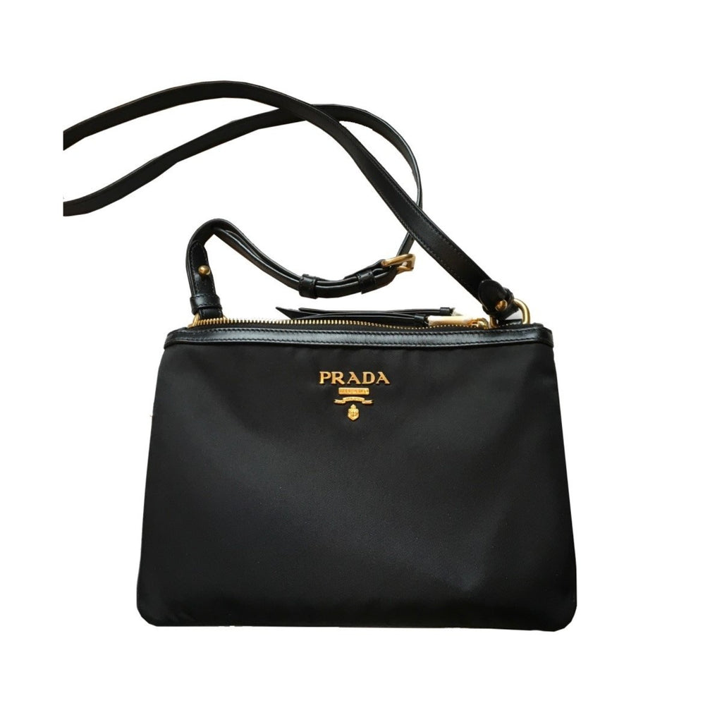Prada Logo Tessuto Nylon Soft Calf Trim Black Crossbody Bag 1BH046 at_Queen_Bee_of_Beverly_Hills