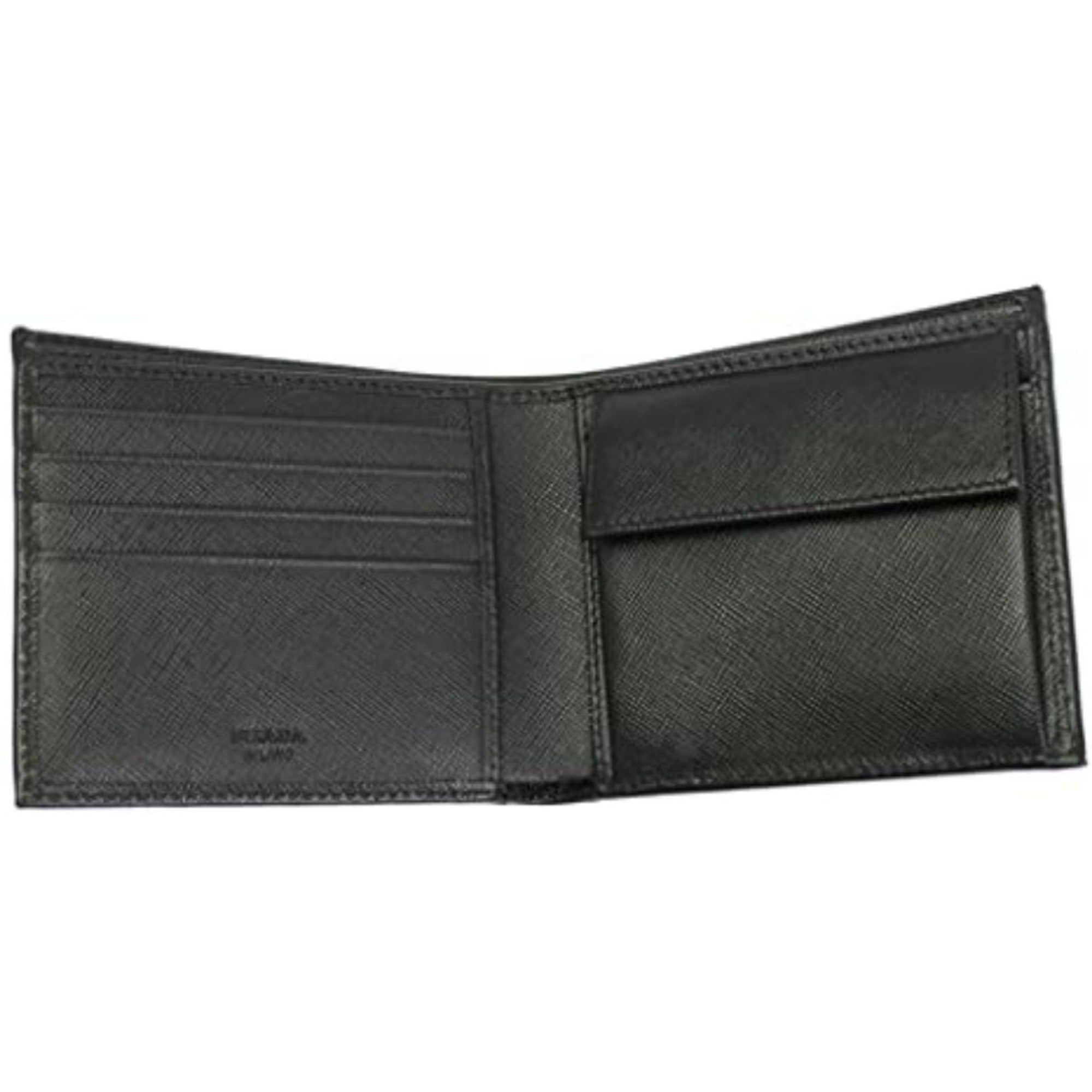 Prada Men's Black Saffiano Leather Logo Billfold Bifold Wallet available at Queen Bee of Beverly Hills