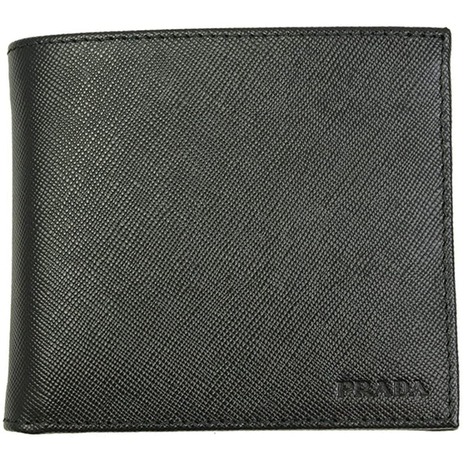 Prada Men's Black Saffiano Leather Logo Billfold Bifold Wallet available at Queen Bee of Beverly Hills