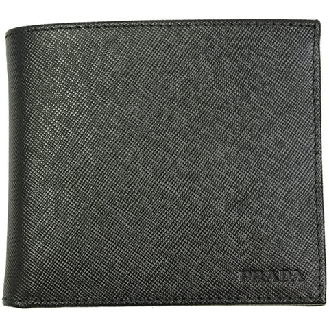 Prada Men's Black Saffiano Leather Logo Billfold Bifold Wallet available at Queen Bee of Beverly Hills