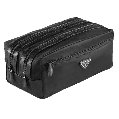 Prada Black Tessuto Nylon Saffiano Leather Trim Double Zip Necessaire Dopp Toiletry Bag