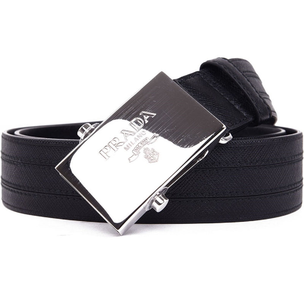 Prada Men's Logo Engraved Plaque Saffiano Leather Belt Black Nero US 38 95 2CM009 at_Queen_Bee_of_Beverly_Hills
