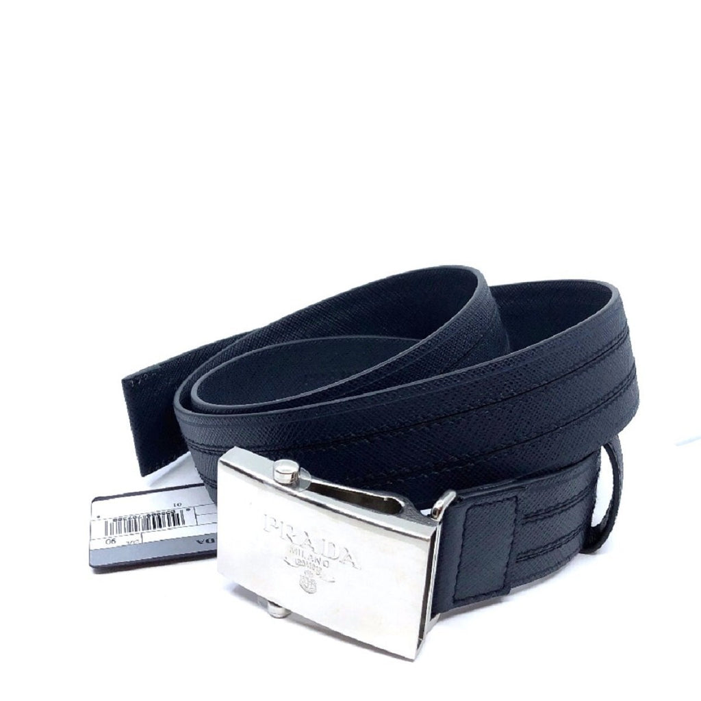 Prada Men's Logo Engraved Plaque Saffiano Leather Belt Blue 36 90 2CM009 at_Queen_Bee_of_Beverly_Hills