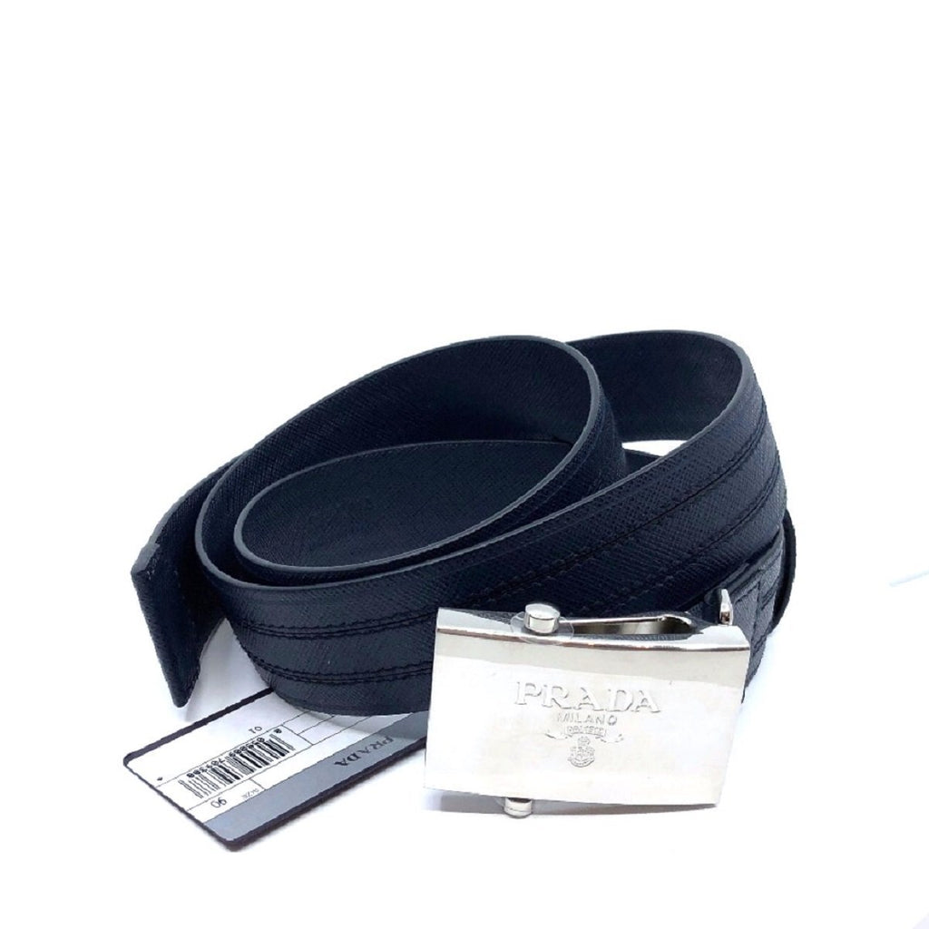 Prada Men's Logo Engraved Plaque Saffiano Leather Belt Blue 38 95 2CM009 at_Queen_Bee_of_Beverly_Hills