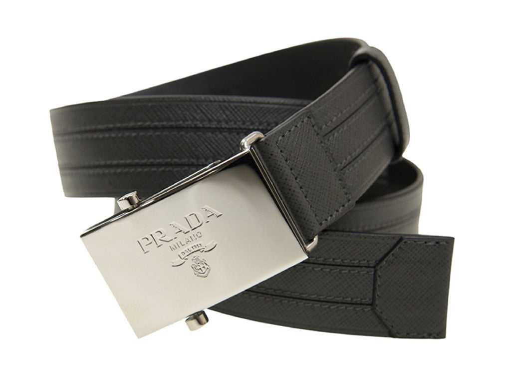 Prada Men's Logo Engraved Plaque Saffiano Leather Belt Grey Antracite 38/95 at_Queen_Bee_of_Beverly_Hills