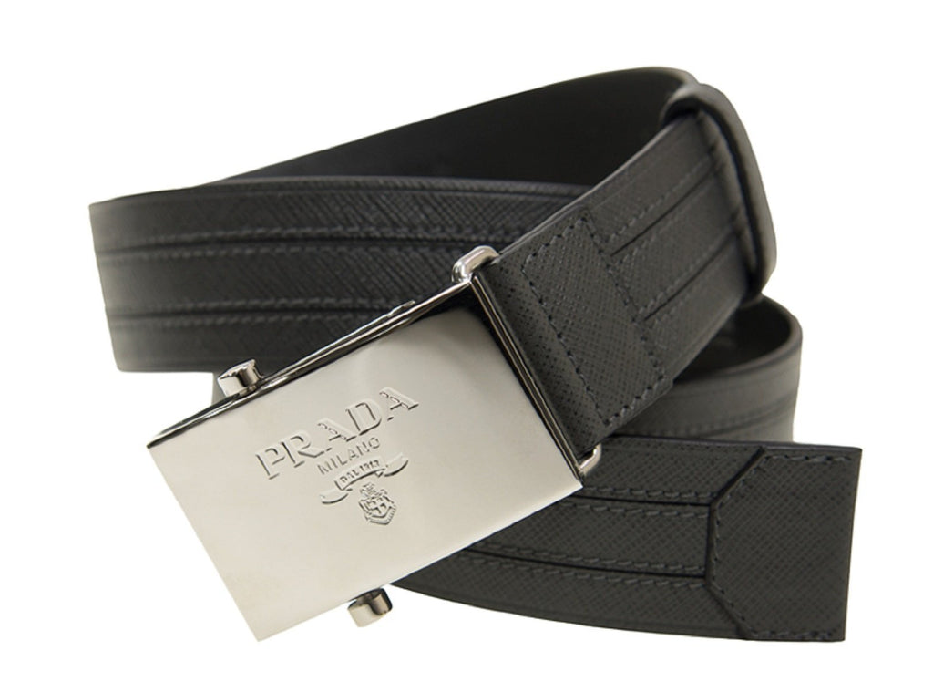 Prada Men's Logo Engraved Plaque Saffiano Leather Belt Grey Antracite 40 100 2CM009 at_Queen_Bee_of_Beverly_Hills