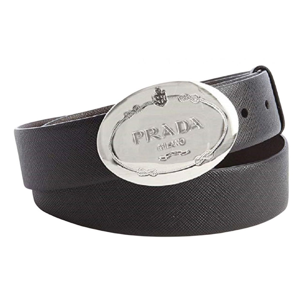 Prada Men's Saffiano Black Leather Engraved Oval Plaque Buckle Belt 2CM046 Size: 100/40 at_Queen_Bee_of_Beverly_Hills