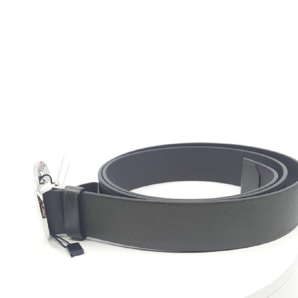 Prada Men's Saffiano Grey Anthracite Leather Engraved Oval Plaque Buckle Belt 2CM046 Size: 95/38 at_Queen_Bee_of_Beverly_Hills