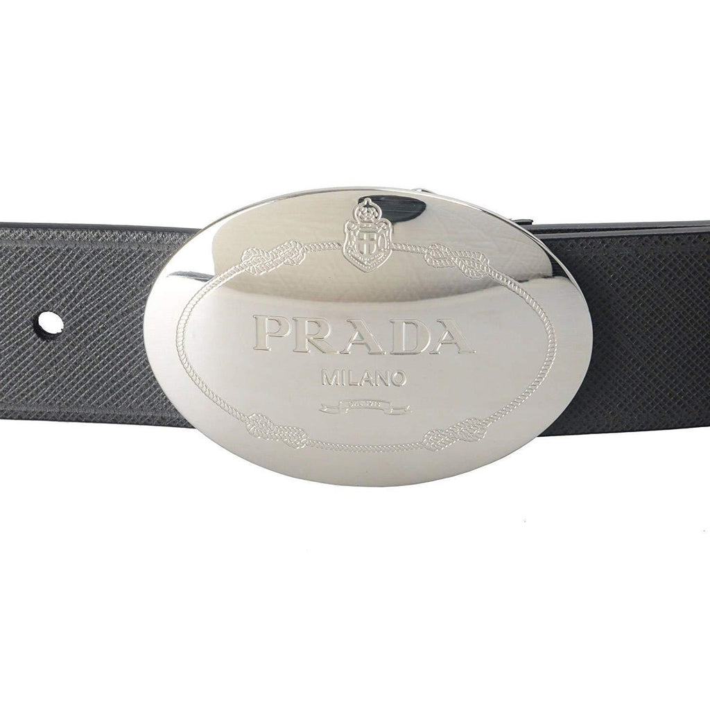 Prada Men's Saffiano Grey Anthracite Leather Engraved Oval Plaque Buckle Belt 2CM046 Size: 95/38 at_Queen_Bee_of_Beverly_Hills