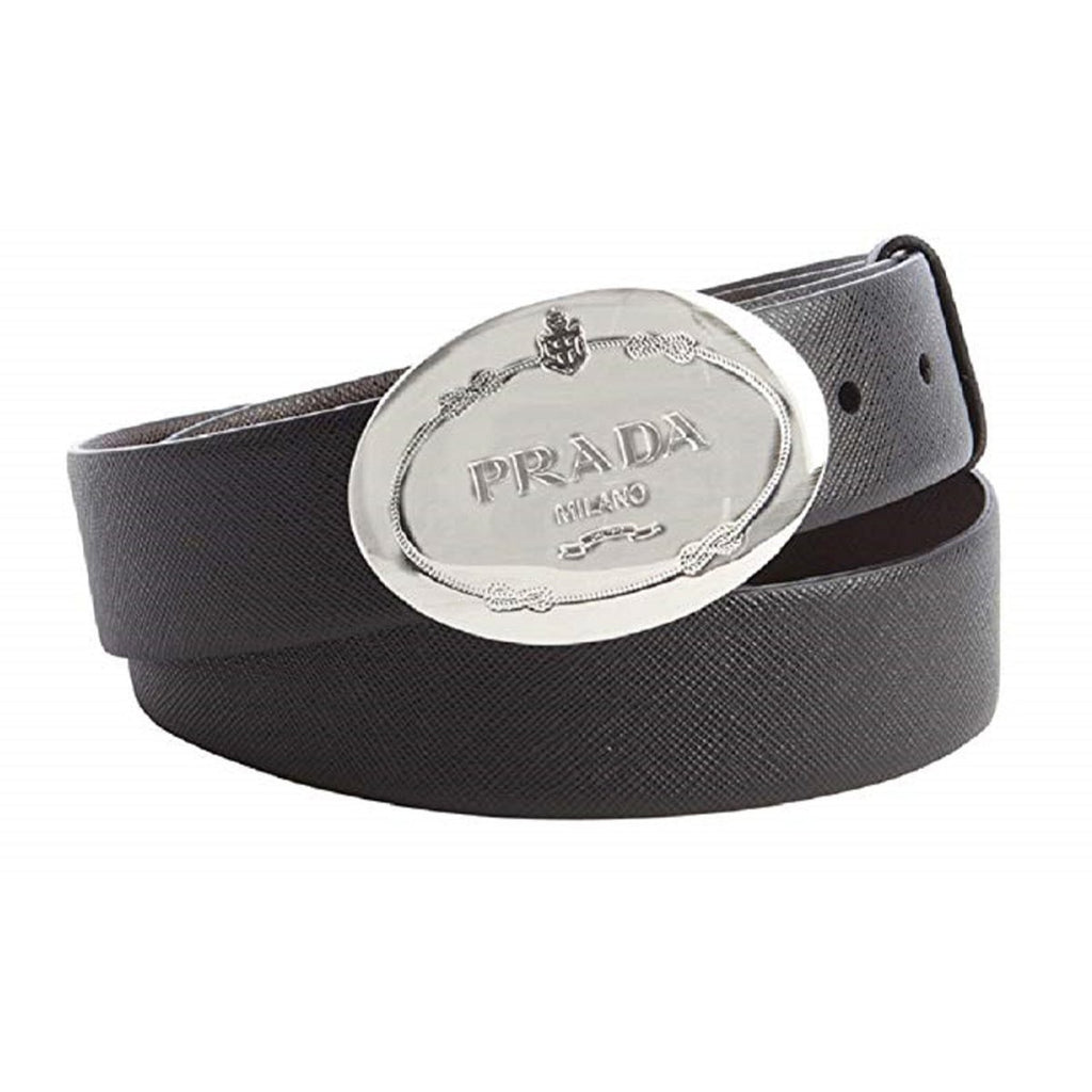 Prada Men's Saffiano Grey Anthracite Leather Oval Plaque Buckle Belt 2CM046 Size: 40/100 at_Queen_Bee_of_Beverly_Hills