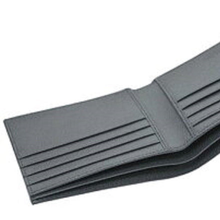 Prada Mens Bifold Vitello Micro Grain Gray Leather Triangle Logo Bifold Wallet available at Queen Bee of Beverly Hills