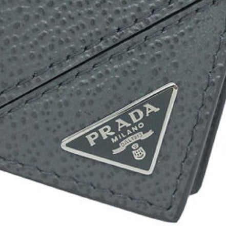 Prada Mens Bifold Vitello Micro Grain Gray Leather Triangle Logo Bifold Wallet available at Queen Bee of Beverly Hills