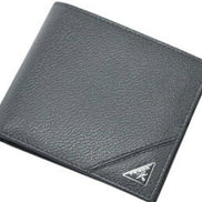 Prada Mens Bifold Vitello Micro Grain Gray Leather Triangle Logo Bifold Wallet available at Queen Bee of Beverly Hills