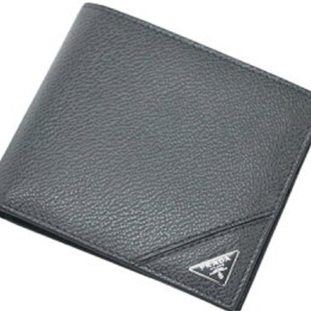 Prada Mens Bifold Vitello Micro Grain Gray Leather Triangle Logo Bifold Wallet available at Queen Bee of Beverly Hills