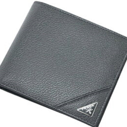 Prada Mens Bifold Vitello Micro Grain Gray Leather Triangle Logo Bifold Wallet available at Queen Bee of Beverly Hills