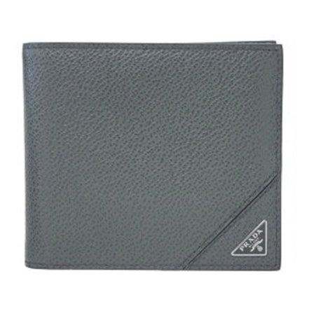 Prada Mens Bifold Vitello Micro Grain Gray Leather Triangle Logo Bifold Wallet available at Queen Bee of Beverly Hills