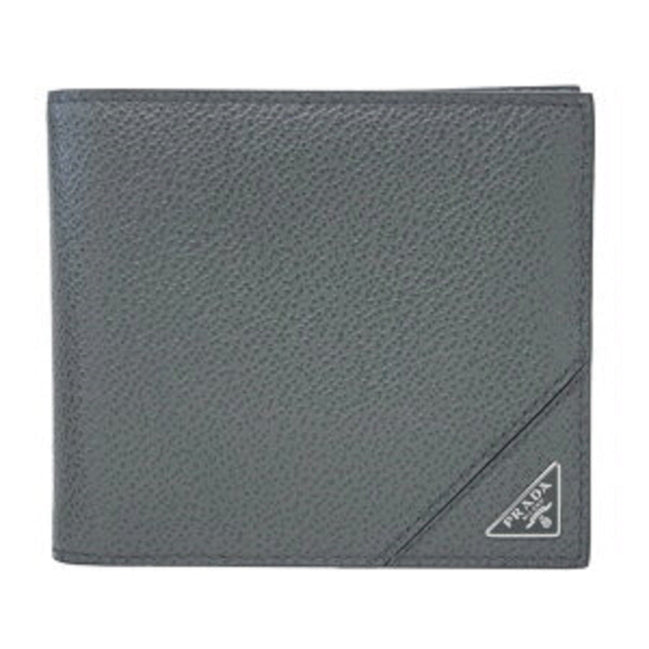 Prada Mens Bifold Vitello Micro Grain Gray Leather Triangle Logo Bifold Wallet available at Queen Bee of Beverly Hills