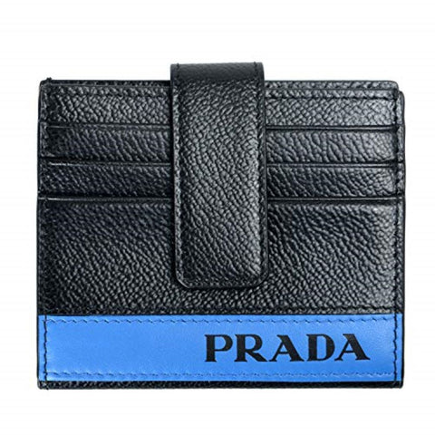 Prada Mens Black Blue Stripe Logo Vitello Micrograin Card Holder Wallet 2MC049