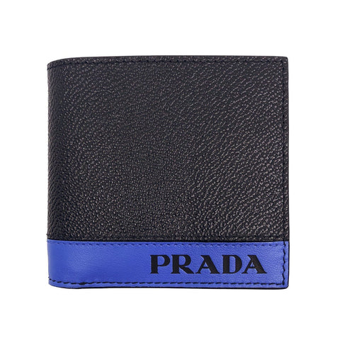 Prada Men's Leather Grain Bi Color Black Blue Stripe Logo Bifold Wallet 2M0912