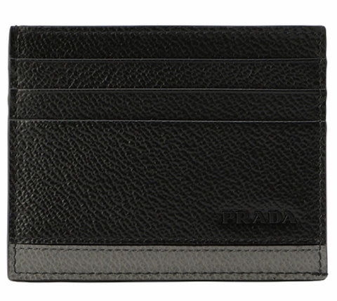 Prada Mens Leather Vitello Micro Grain Card Holder Black with Gray 2MC223