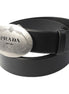 Prada Mens Navy Saffiano Leather Belt Silver Belt Buckle Size 100/40 available at Queen Bee of Beverly Hills