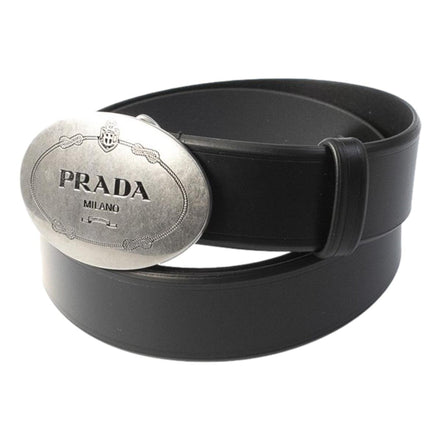 Prada Mens Navy Saffiano Leather Belt Silver Belt Buckle Size 100/40 available at Queen Bee of Beverly Hills