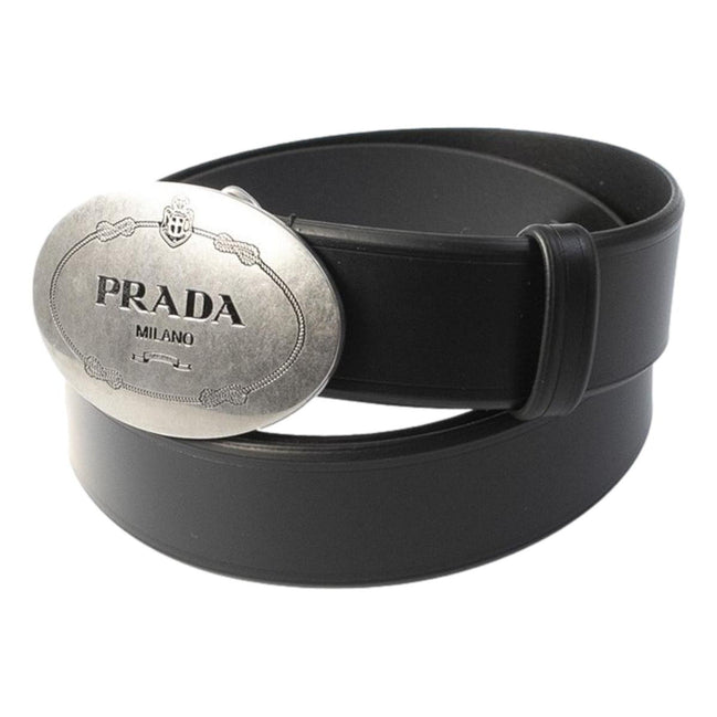 Prada Mens Navy Saffiano Leather Belt Silver Belt Buckle Size 100/40 available at Queen Bee of Beverly Hills