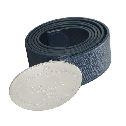 Prada Mens Navy Saffiano Leather Belt  Silver Oval Buckle Belt Size 90/36 available at Queen Bee of Beverly Hills