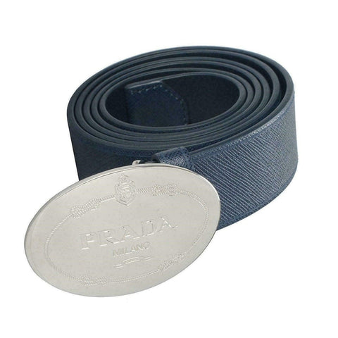 Prada Mens Navy Saffiano Leather Belt  Silver Oval Buckle Belt Size 90/36 available at Queen Bee of Beverly Hills