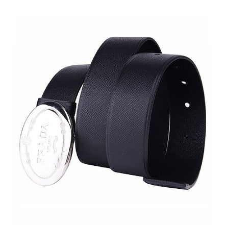 Prada Mens Navy Saffiano Leather Belt  Silver Oval Buckle Belt Size 90/36 available at Queen Bee of Beverly Hills